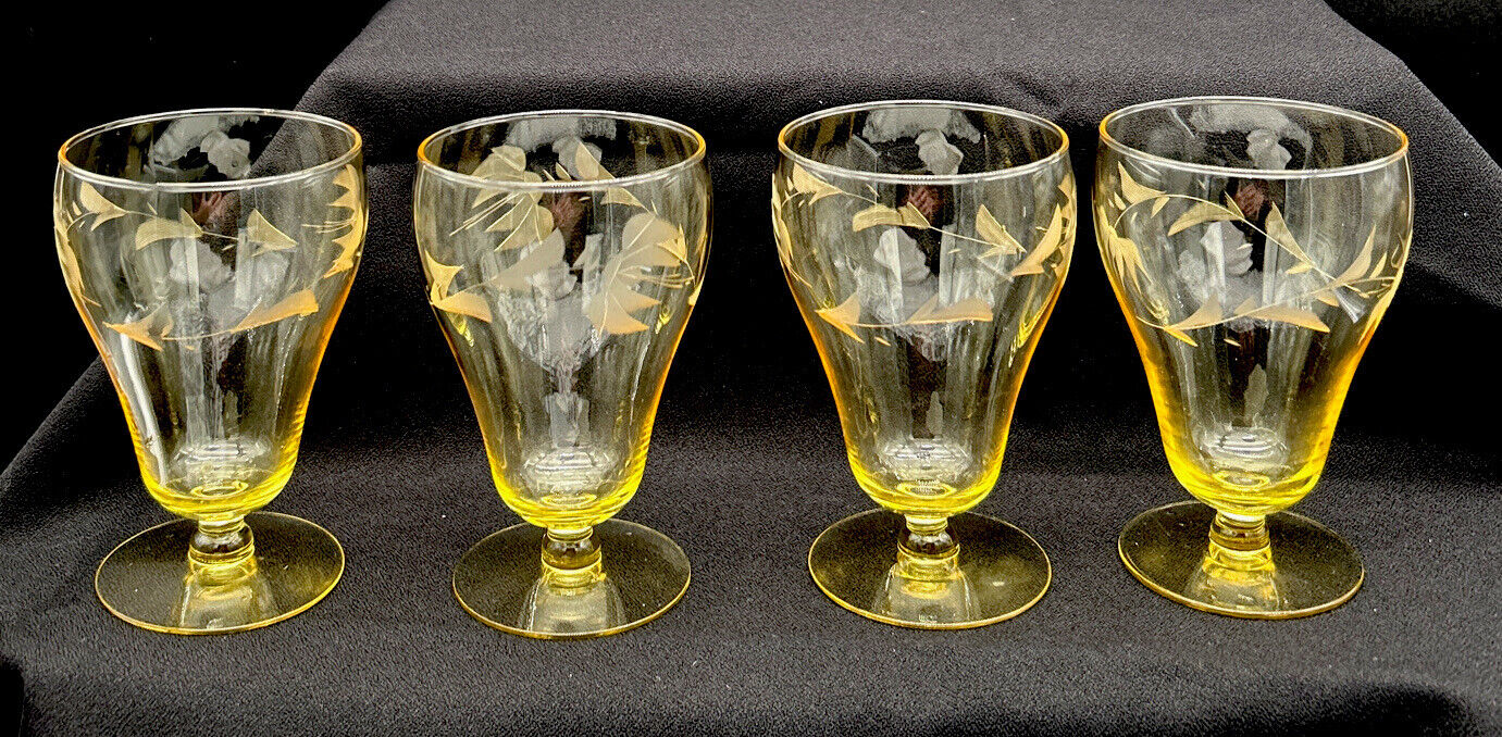 4 VTG LANCASTER YELLOW TOPAZ ETCHED WATER LILLY PATTERN TULIP PARFAIT GLASS