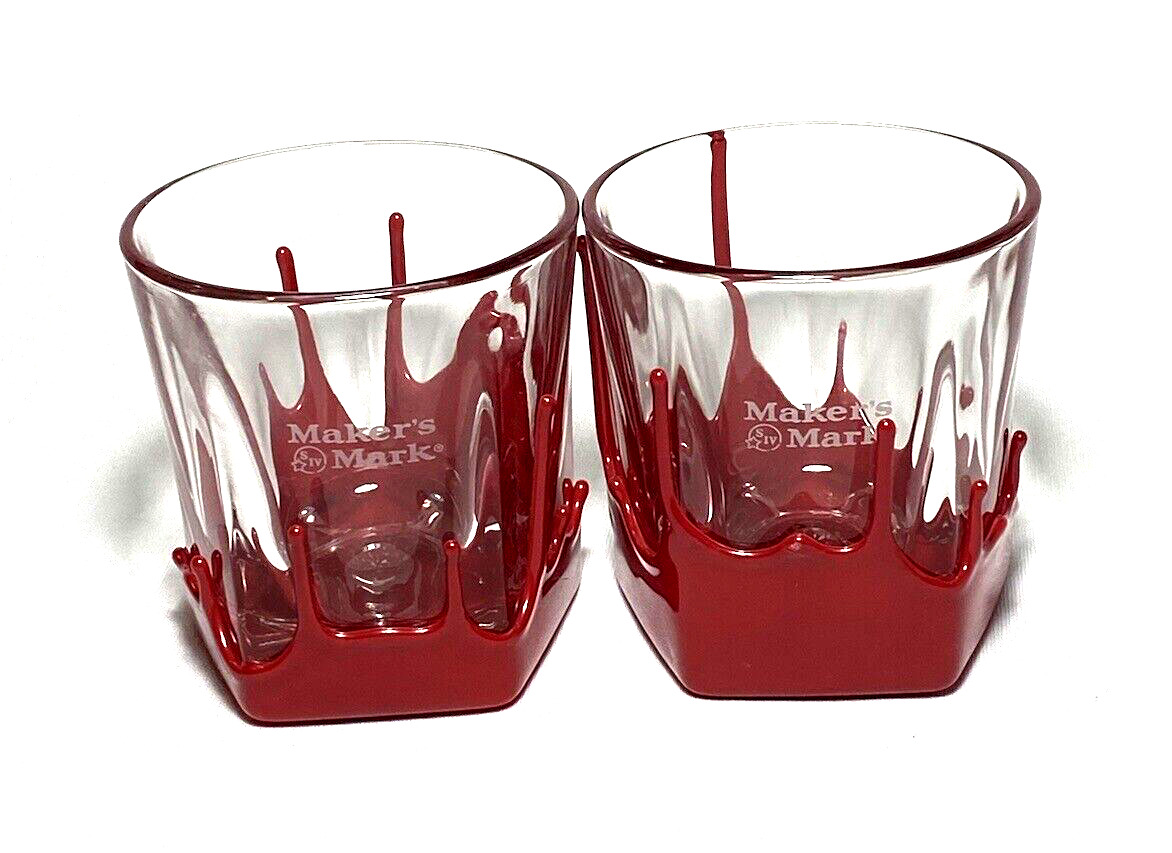 MAKER\'S MARK WHISKY ~ Early Pair of Hand Dipped Red Wax BOURBON GLASSES (8 oz.)