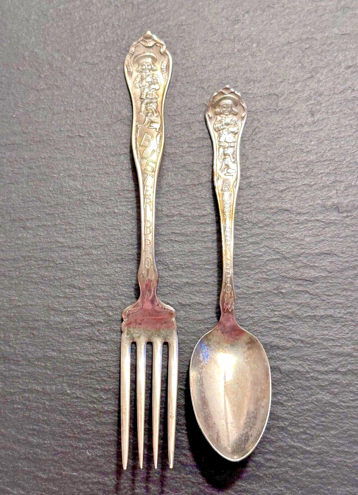VINTAGE BUSTER BROWN CHILD\'S SILVER PLATED FORK & SPOON SET B175