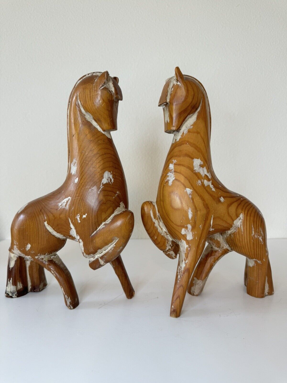Mid Century Teak Carved Wood Horse Sculpture Set 2 Distressed MCM Large 11” Flaw