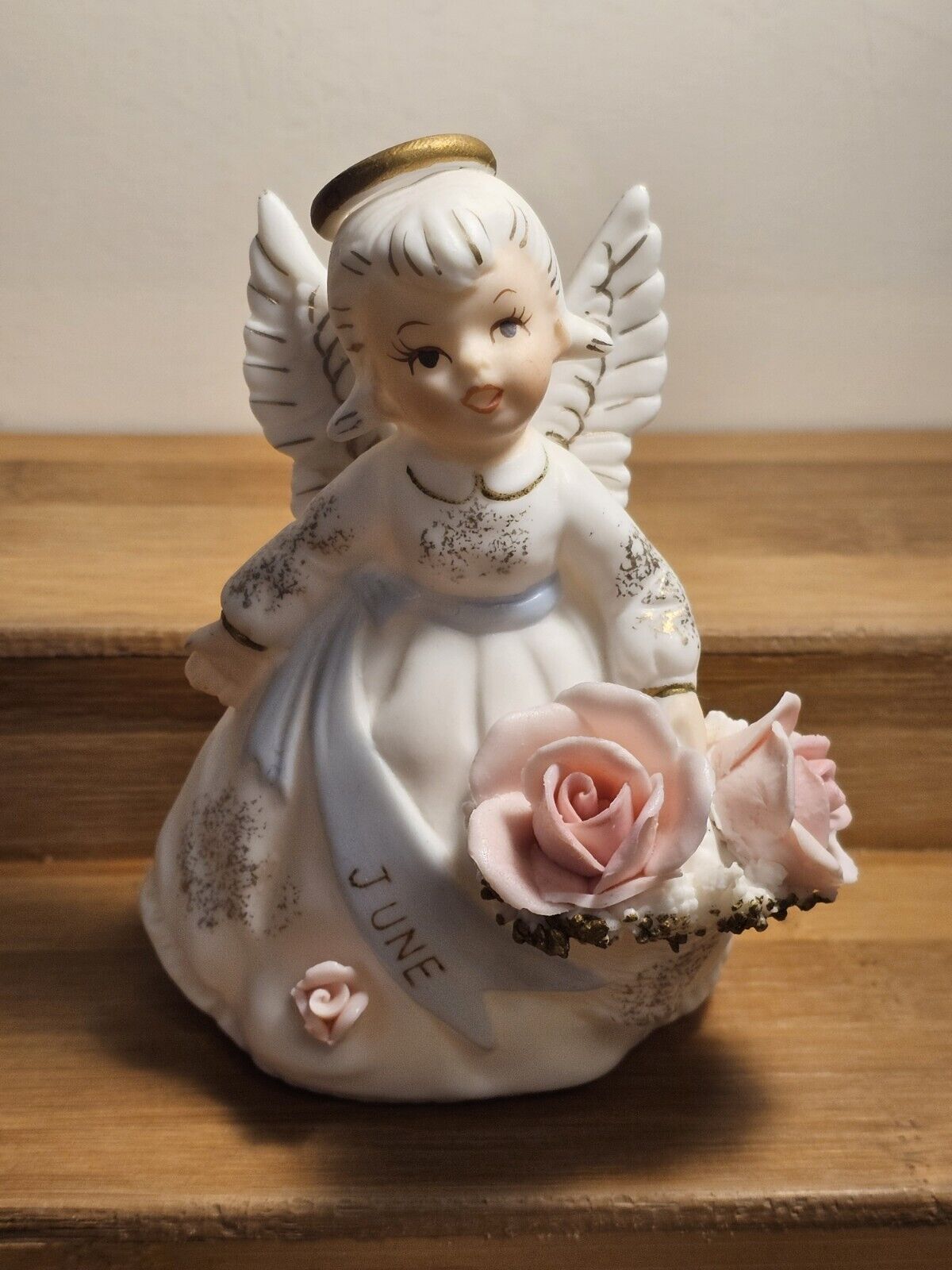Vintage Lefton June Birthday Angel, Repaired Wing, Chipped Rose Petal