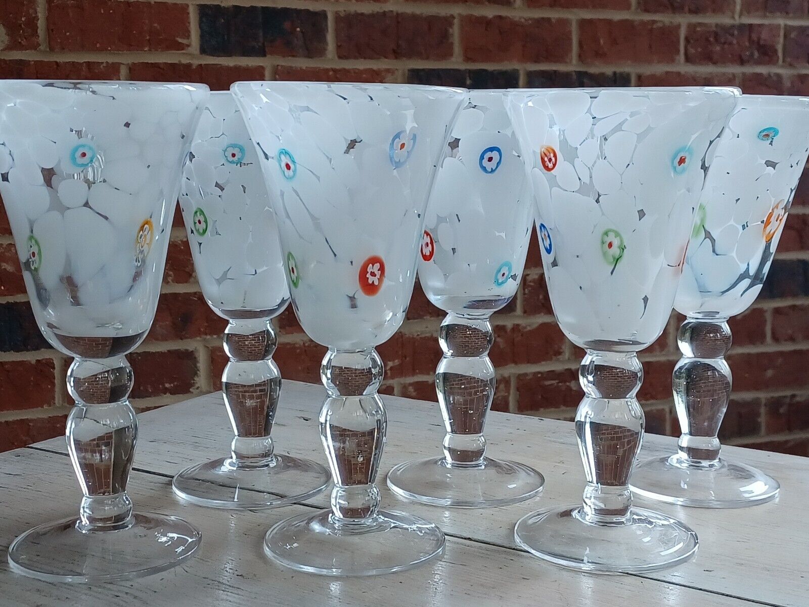 SET of 6 AMICI ITALY Handblown WINE Water GOBLET Glasses ART GLASS MILLEFIORI