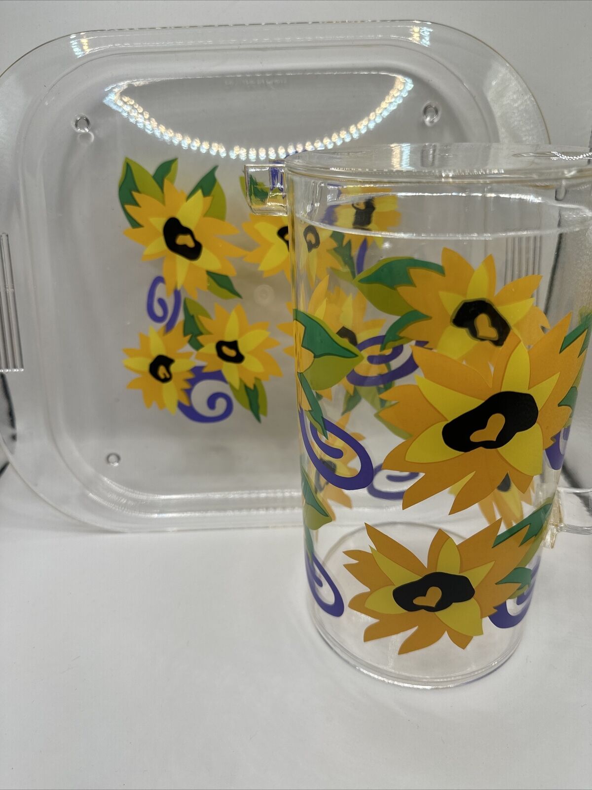 Vintage Acrylic Picnic Pitcher Cup Snd Tray Sun Flowers.