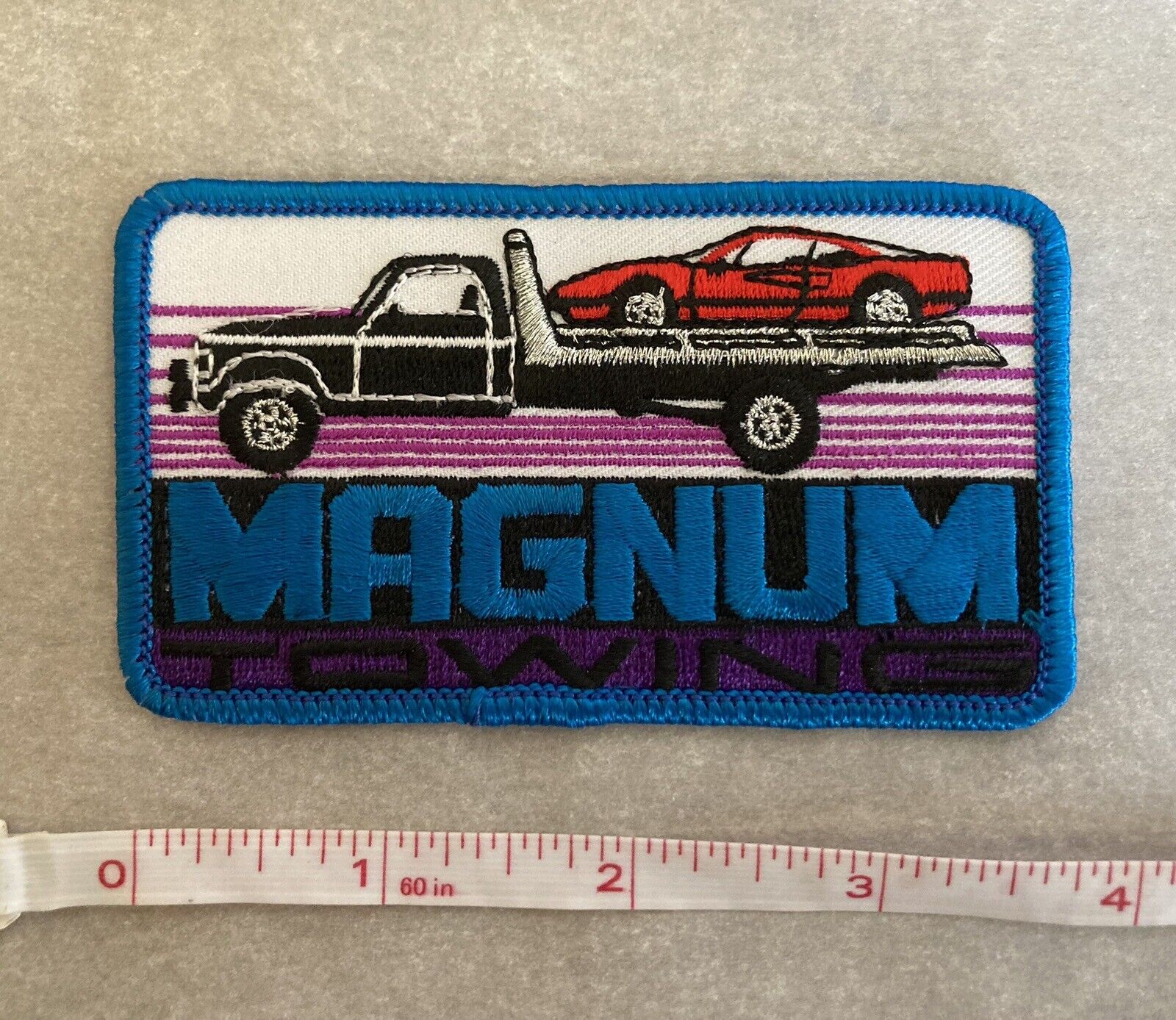 Magnum P.I. 80s Retro Iron On Patch - “Magnum Towing” - Ferrari 308 on Tow Truck