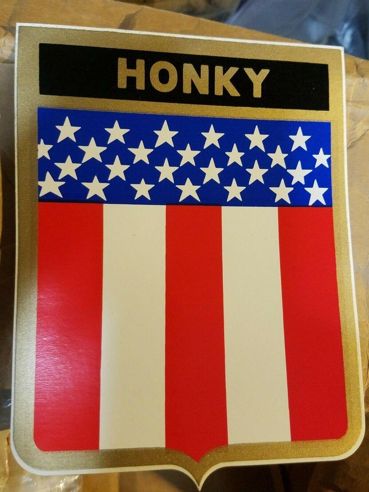 USA HONKY VINTAGE 1970\'s FLAG STICKER NOS AUTO TOOLBOX COLLECTOR DECAL 5x6 INCH