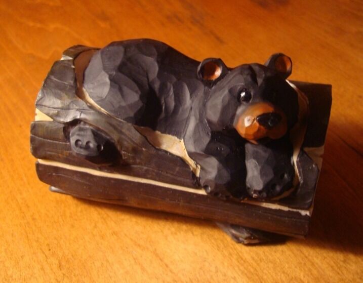 Black Bear Trinket Jewelry Box Figurine Rustic Faux Wood Carved Log Cabin Decor