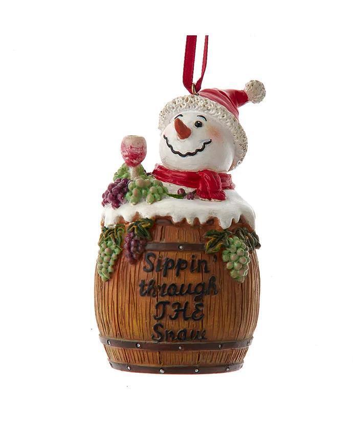 Vineyard Snowman In Wine Barrel Ornament E0885 w
