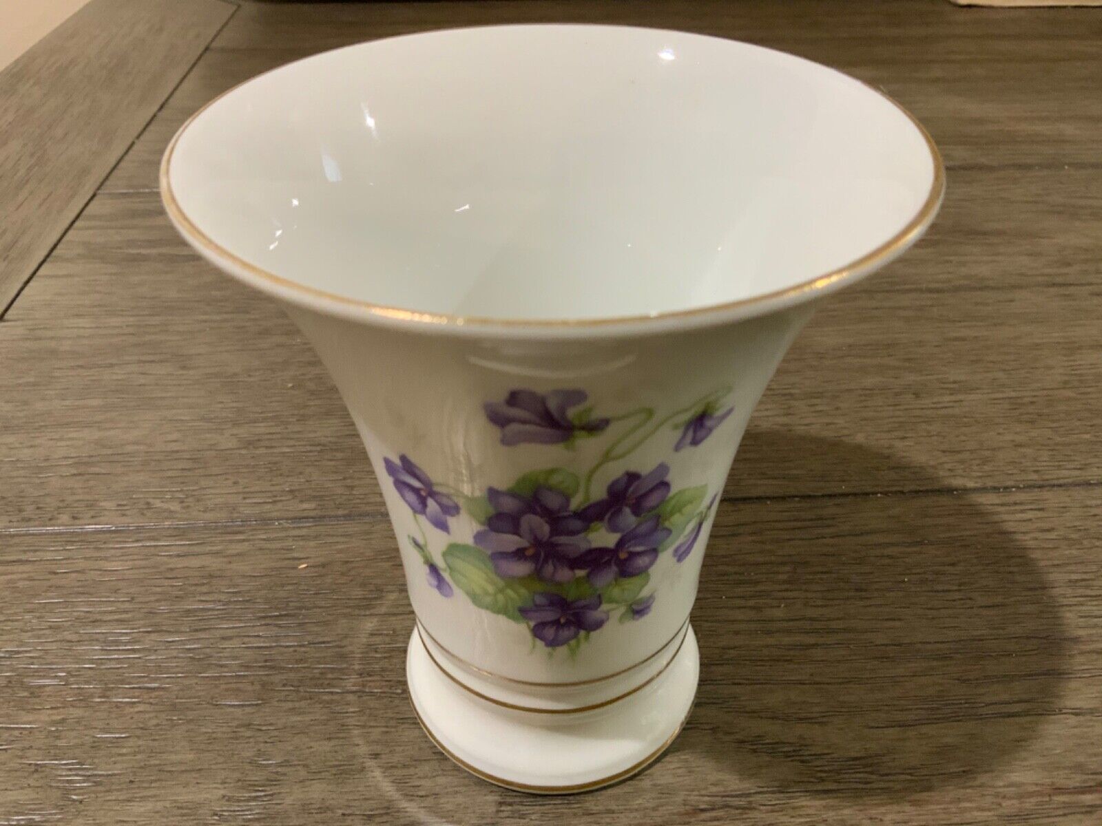 Schumann Arzberg Germany Vase 5 Inches Tall Purple Pansies Gold Rim