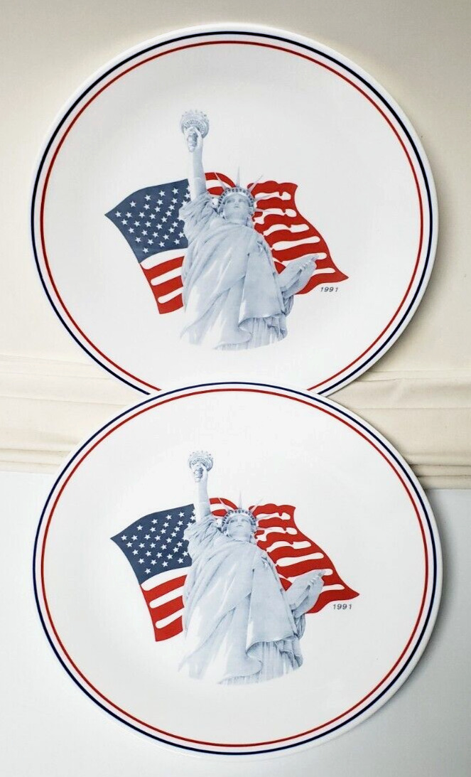 2 PLATES Corelle STATUE OF LIBERTY/Flag Commemorative 1991 Collectible IMPERFECT