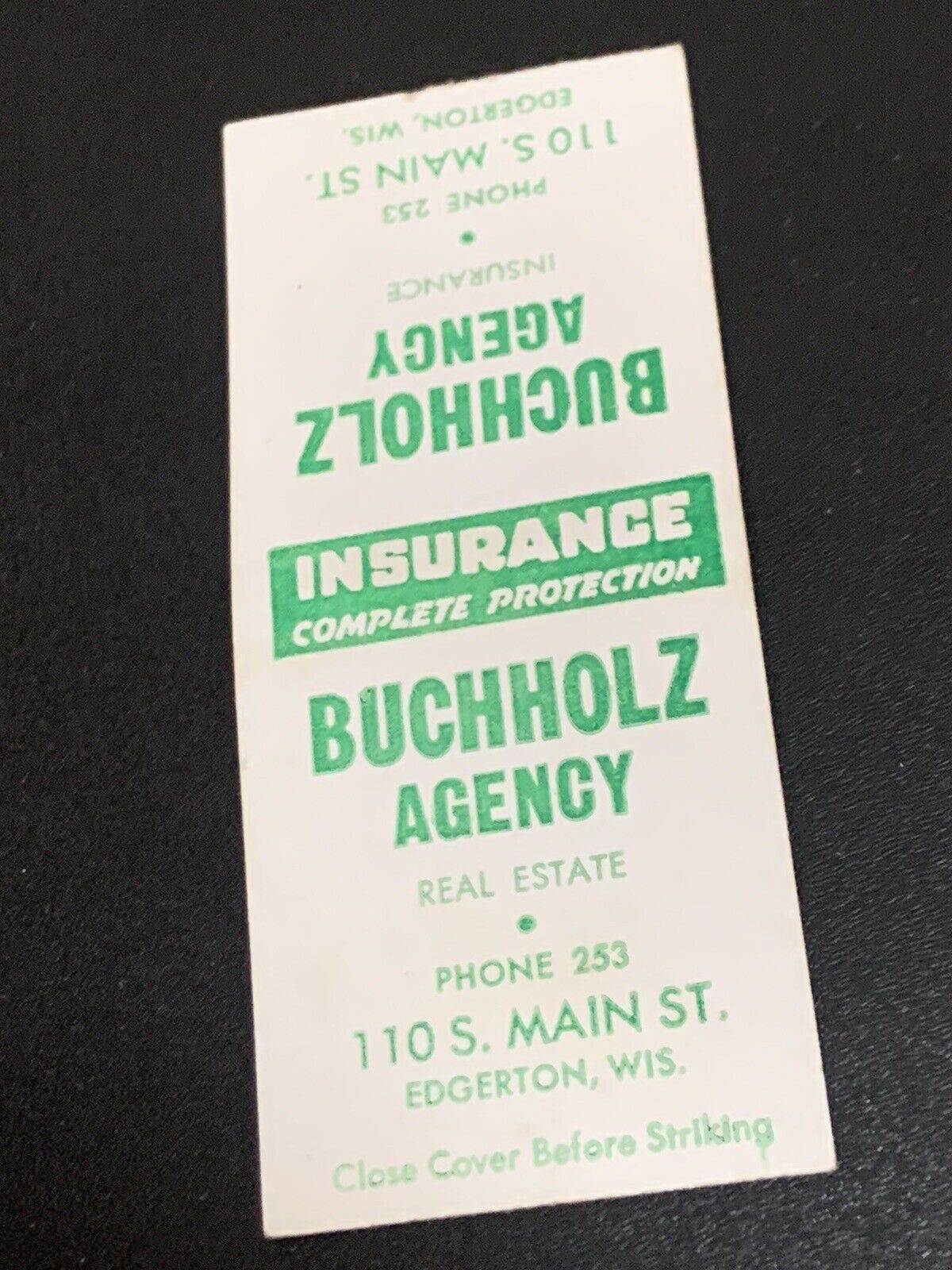 Vintage Wisconsin Bobtail Matchbook: “Bucholz Agency” Edgerton, WI