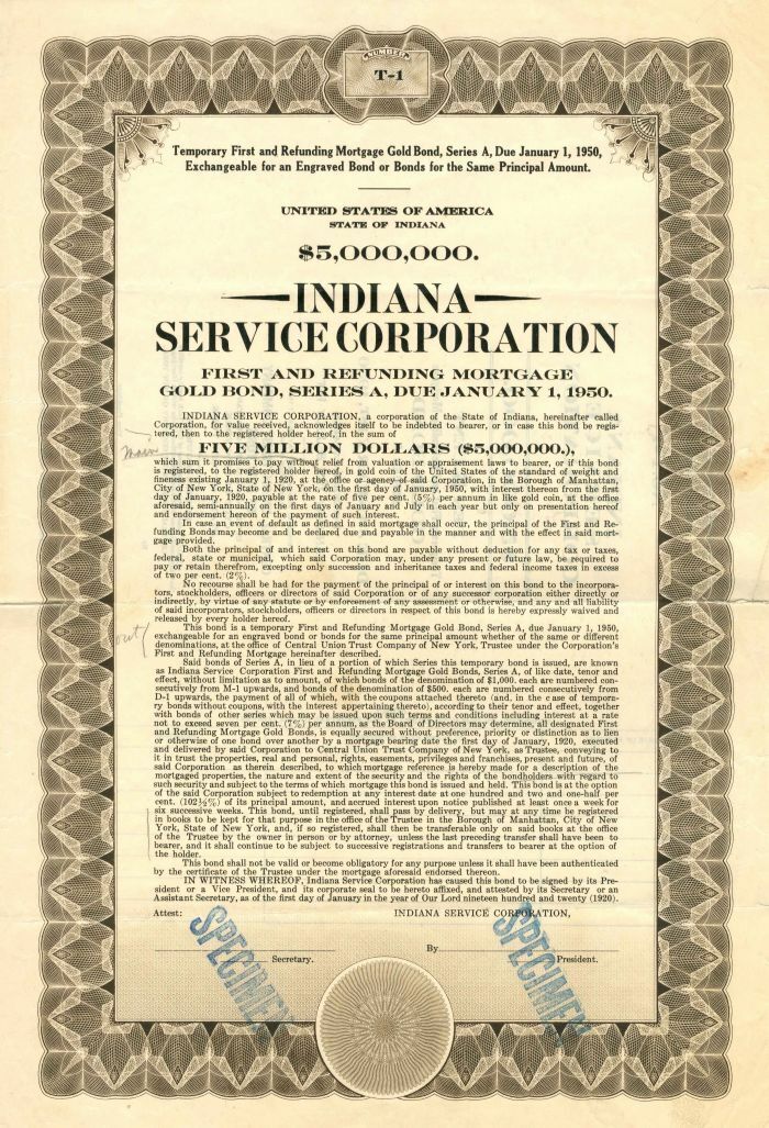 Indiana Service Corporation - $5,000,000 - Bond - Specimen Stocks & Bonds