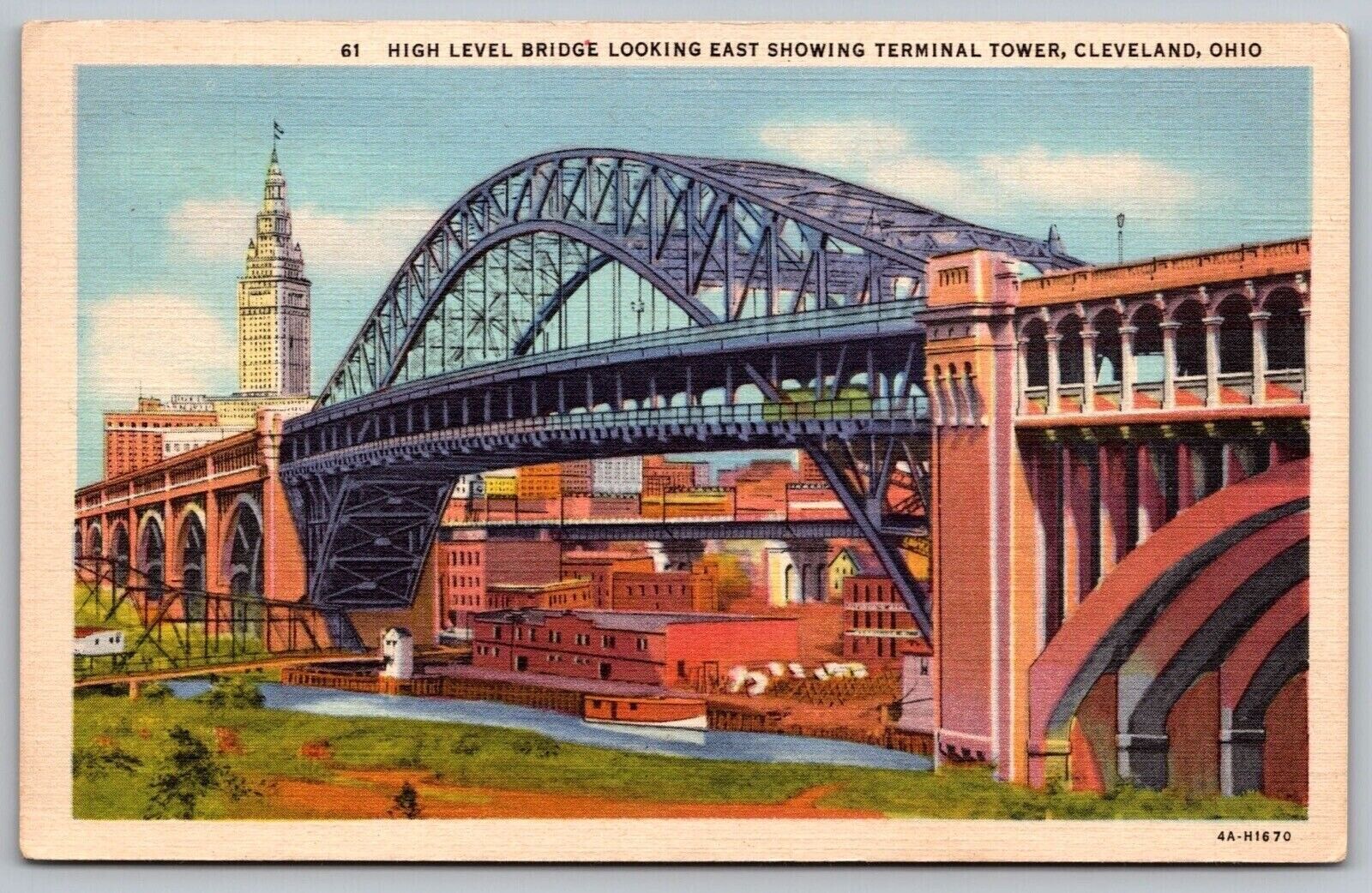 High Level Bridge Birds Eye View Terminal Tower Cleveland Ohio Linen Postcard