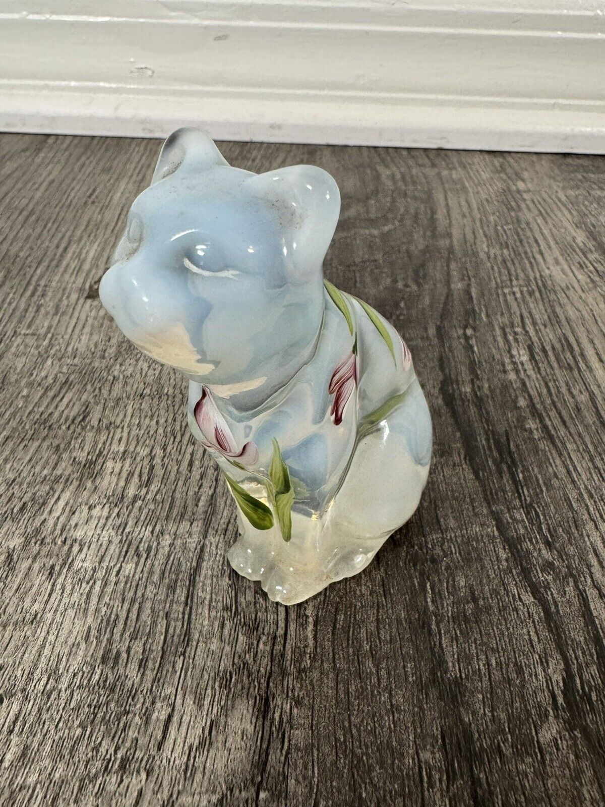 Fenton Art Glass Sitting White Opalescent Cat with Vibrant Florals Hand Painted