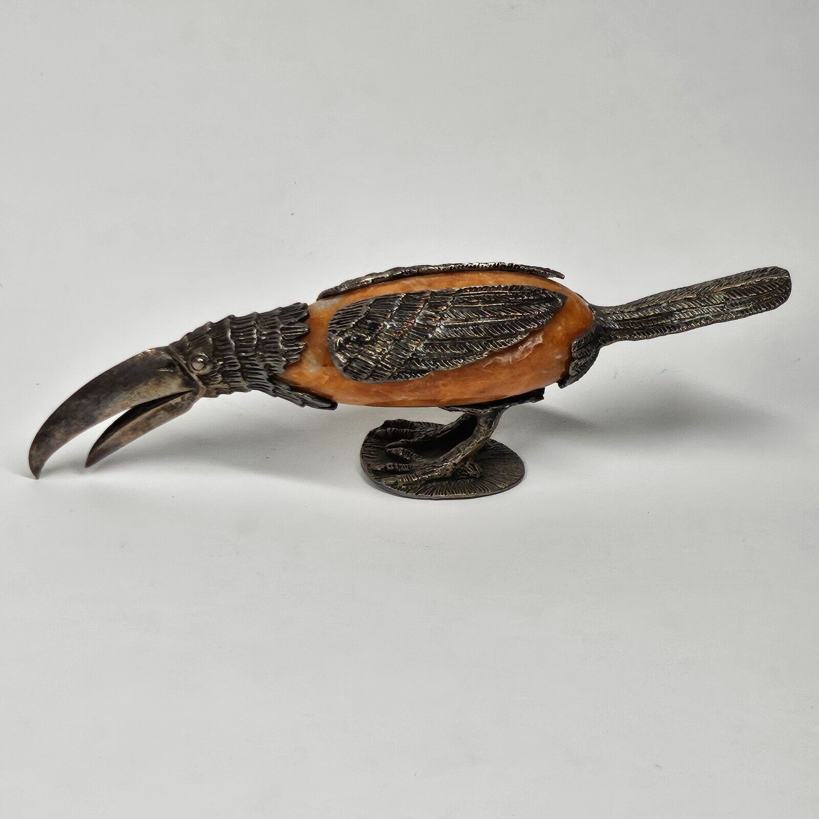 Silver Toucan Figurine w/Orange Stone Egg Body Quartz Bird Vintage 7.5\