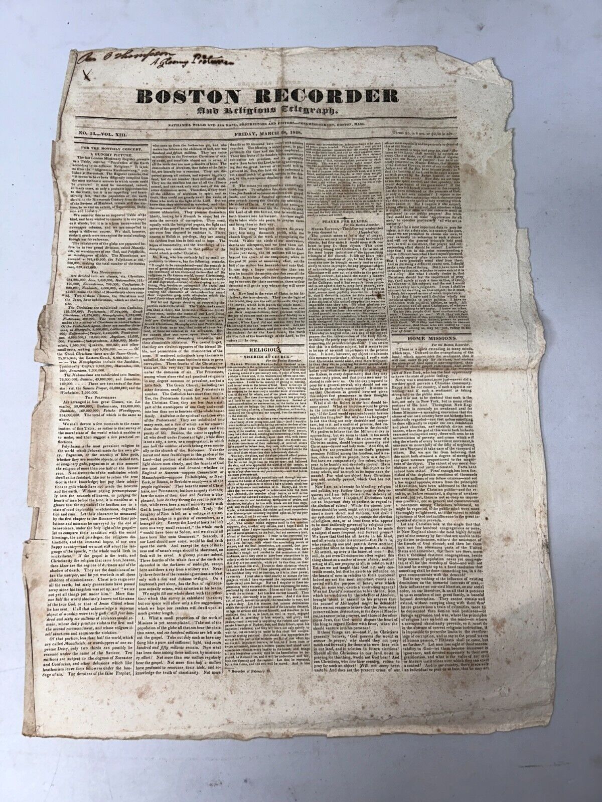 Boston Recorder Nathaniel Willis March 28, 1828 No 13 Vol XIII Newspaper