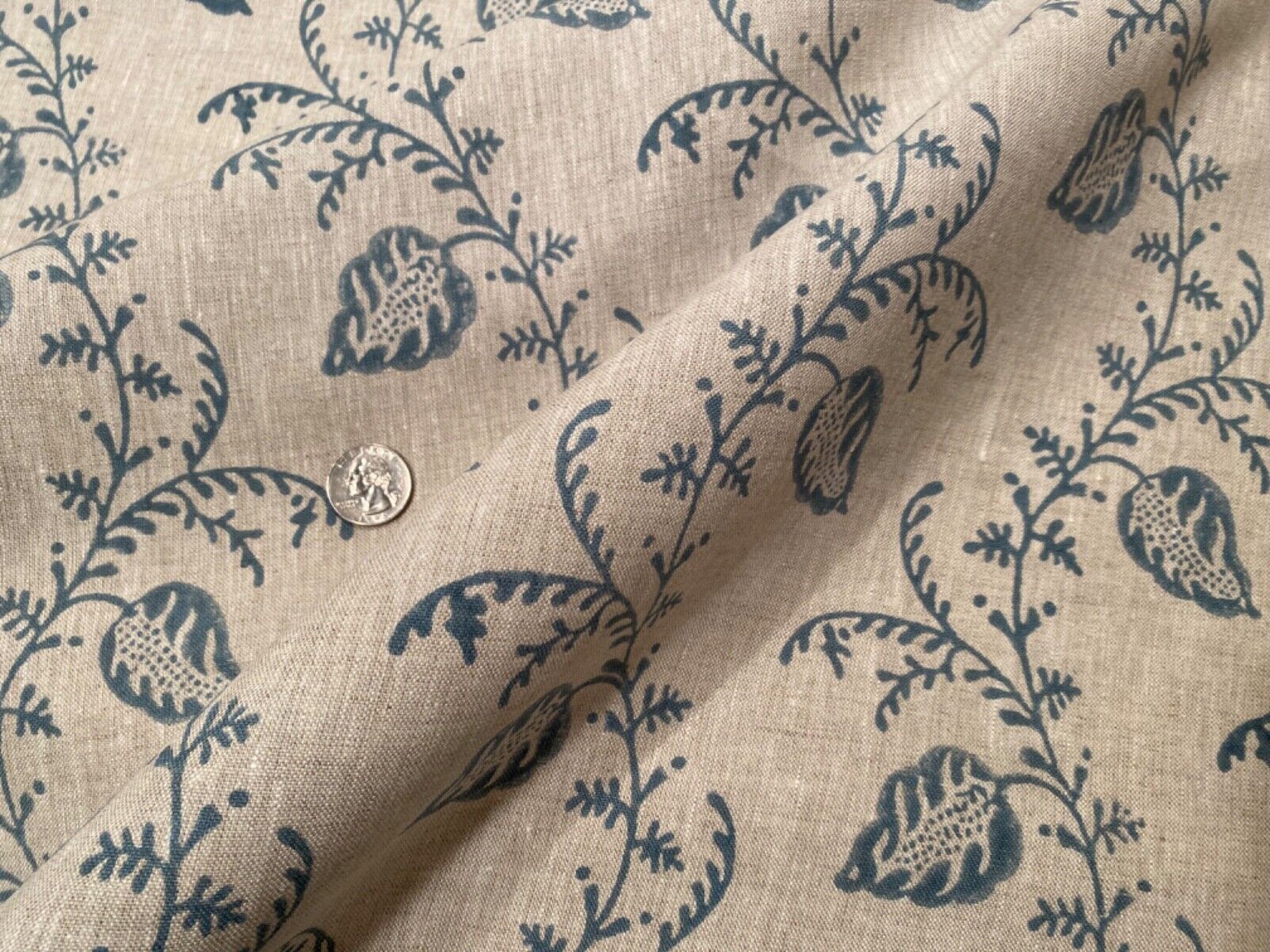 4YD COLEFAX & FOWLER Felicity Old Blue Hand Block Print Linen Fabric $725 Retail