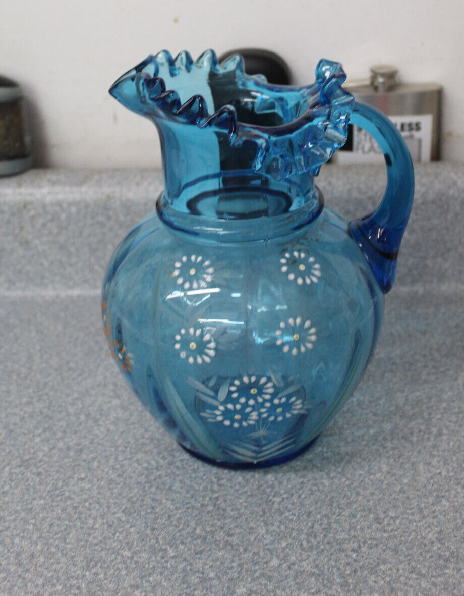 VTG Fenton Blue Daisy Hand Painted Floral Crimp Ruffled Glass Pitcher 9