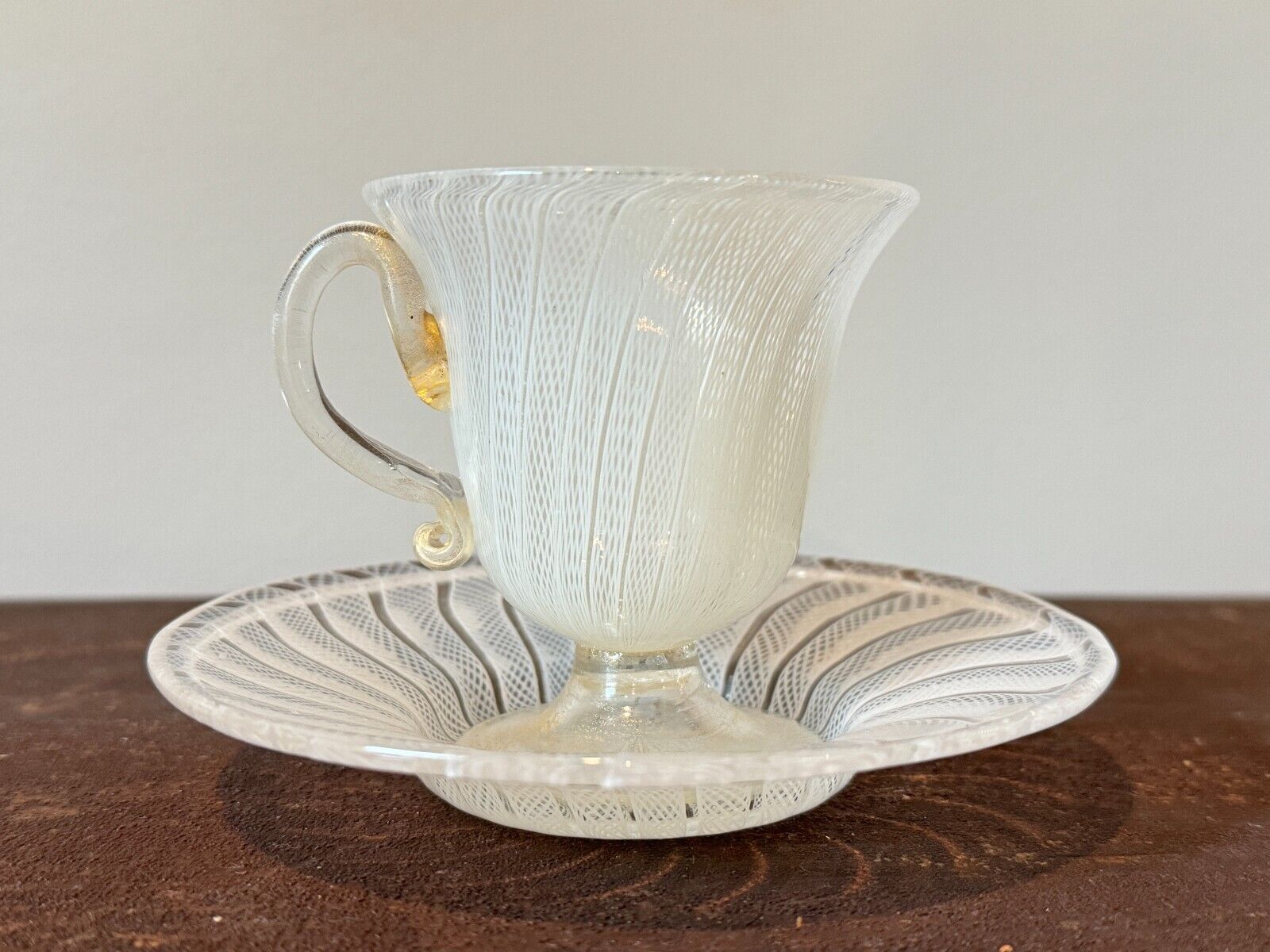 Vintage Mid Mod Murano Art Glass White Latticino Teacup & Saucer - Attr Salviati