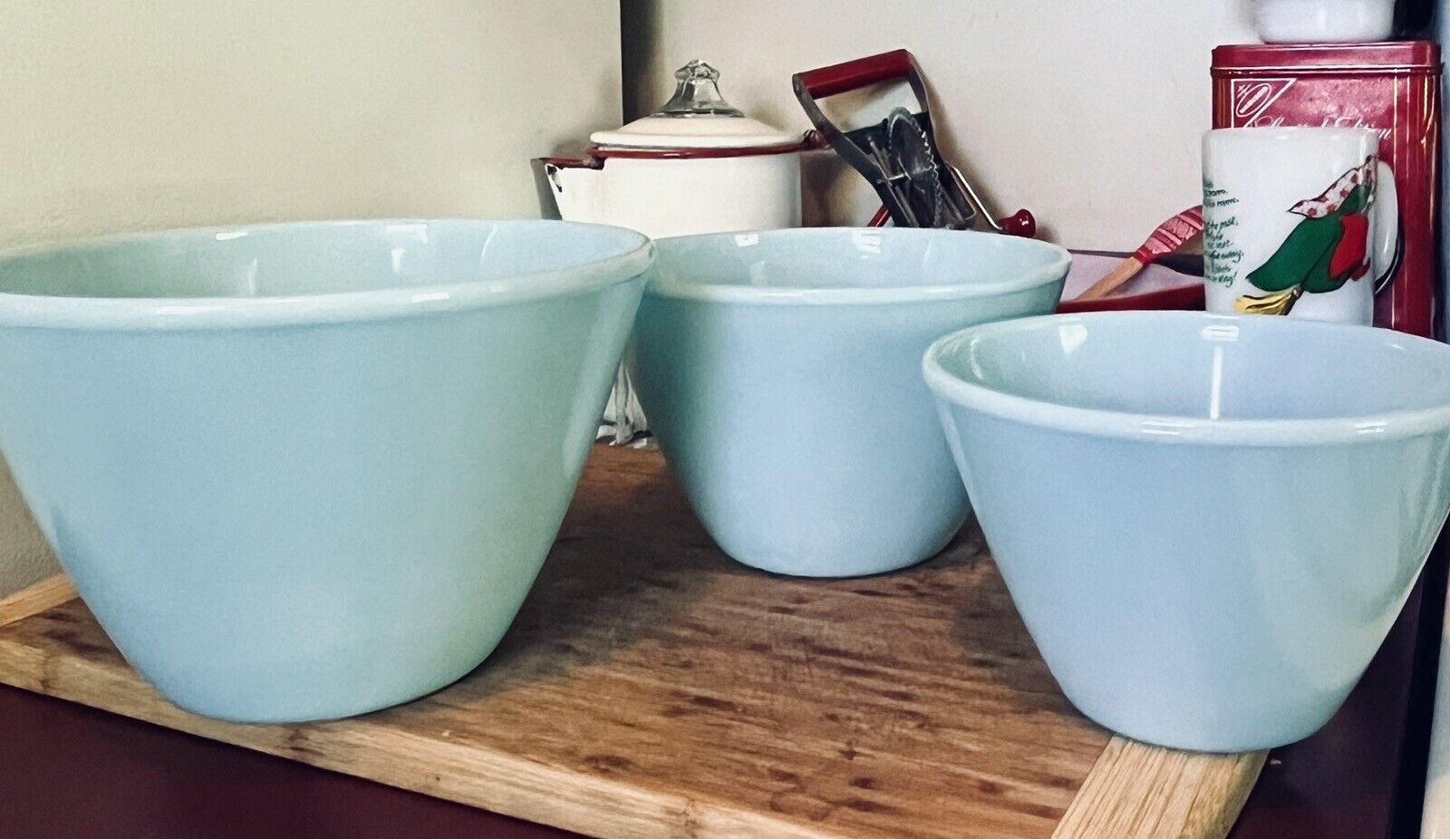3 Vintage Blue Delphite FireKing Splash Proof Bowl Set