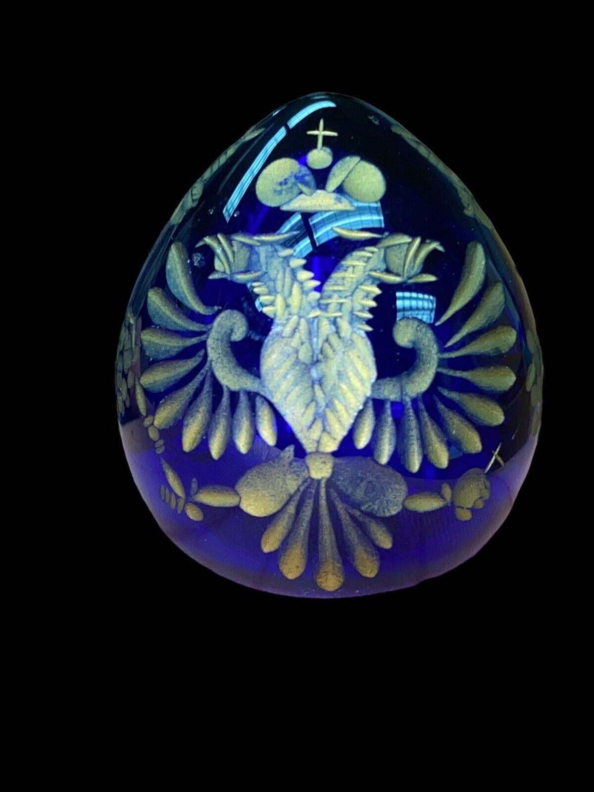 Authentic Modern-made Faberge Egg Gold-Etched Cobalt-Blue Glass with paper label
