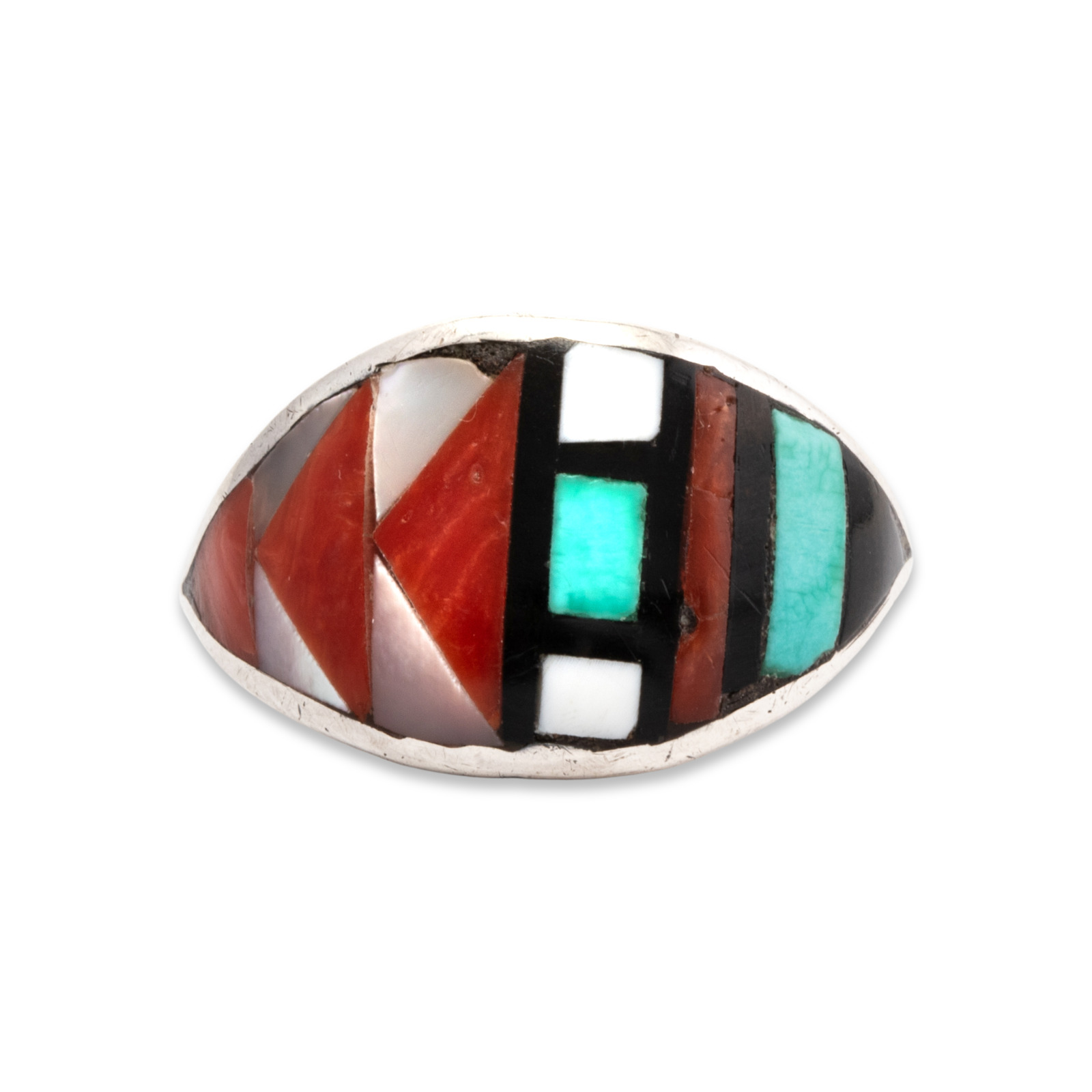 NATIVE JOHN & ROSALIE BOWANNIE ZUNI STERLING CORAL TURQUOISE INLAY RING 9