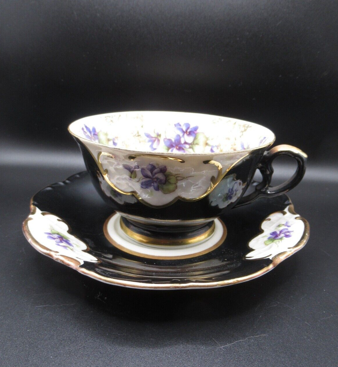 Antique Winterling Germany hand painted porcelain cup & saucer violet black gold