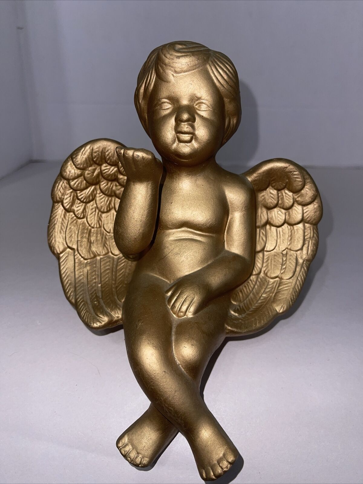 Cherub Angel Shelf Sitter Gold Gilt Resin Chalkware 9” Long Blowing Kisses