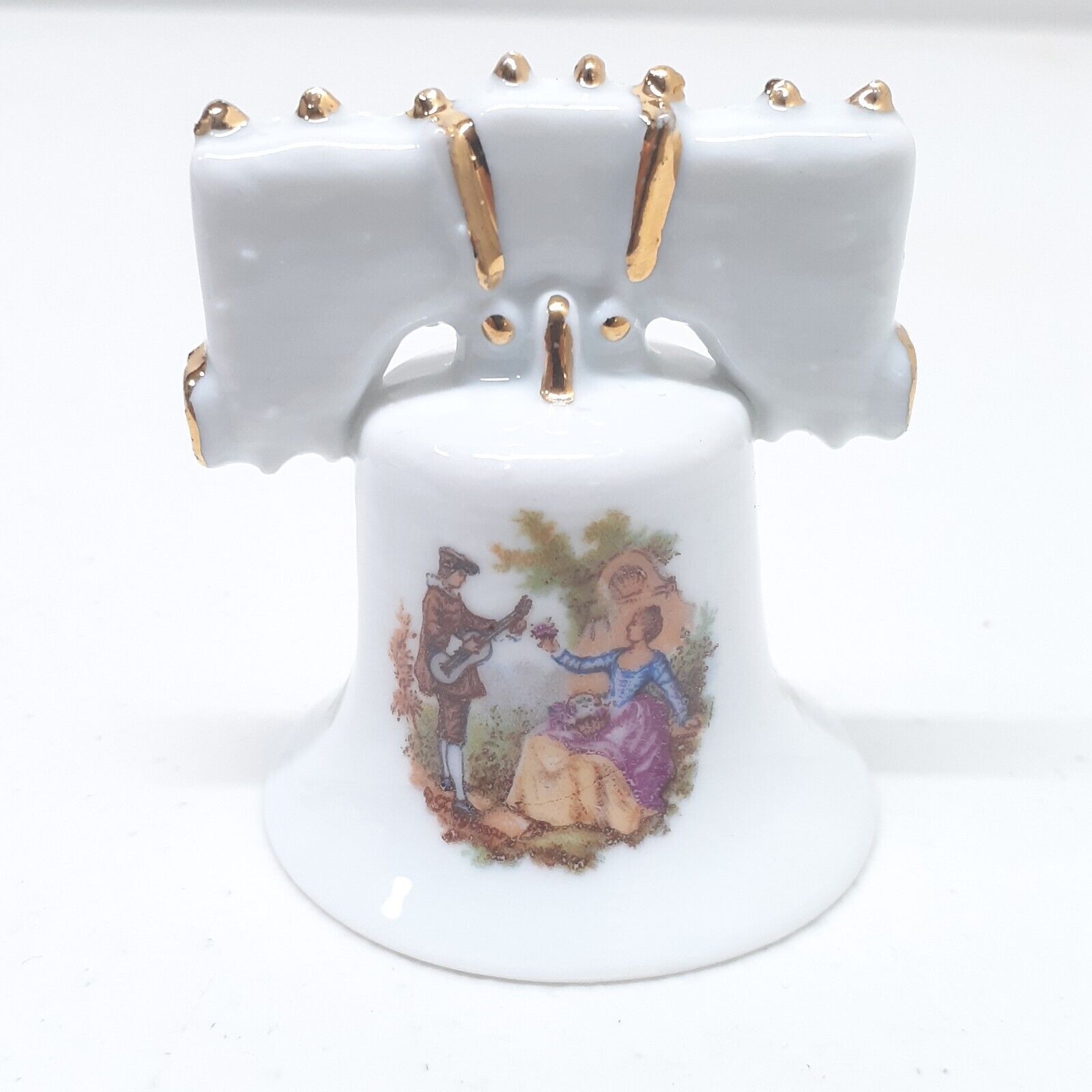 Vintage Limoges France Small Porcelain Bell Couple Courtyard Gold Accents 