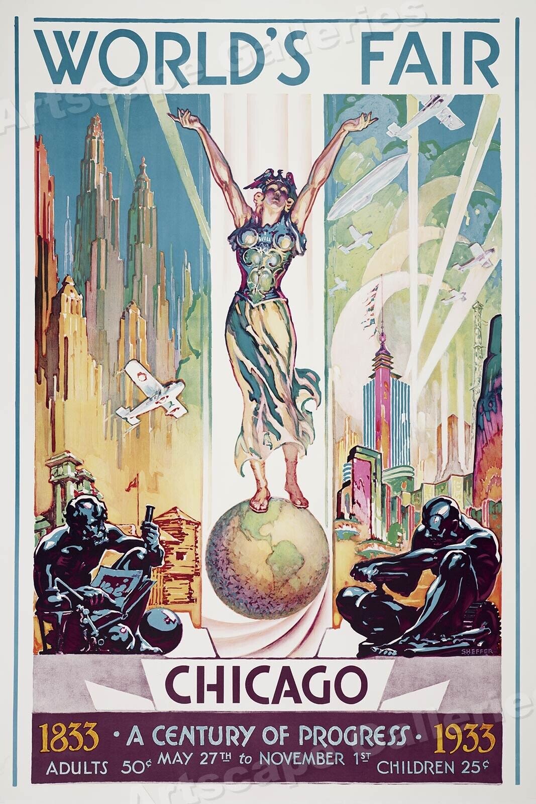 1930s Chicago Worlds Fair Century of Progress Vintage Style Travel Poster  16x24