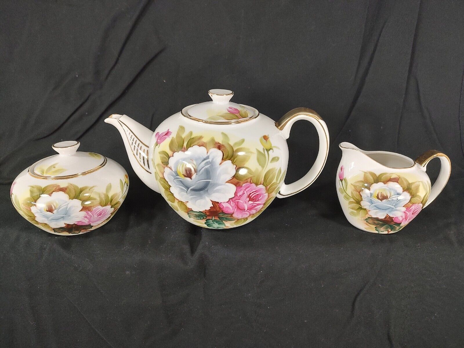 1960 Kashmir Rose Shafford Tea Set Teapot Creamer Covered Sugar Bowl Handpainted