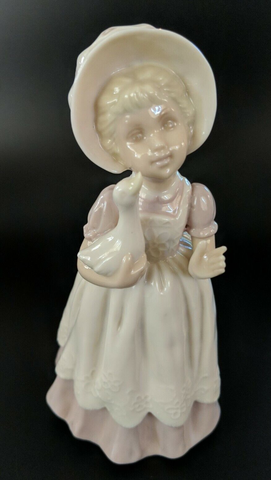 Figurine of Young Girl in Bonnet Holding Duck Goose - Vintage Porcelain Figure 