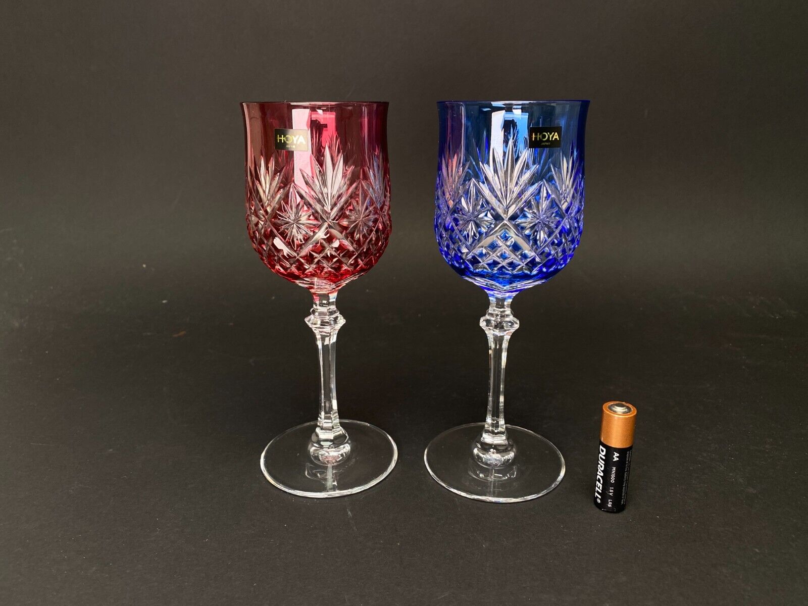 Edo Kiriko Wine Goblet, Hoya Crystal Cold Sake Goblet Glass Pair, Blue and Pink
