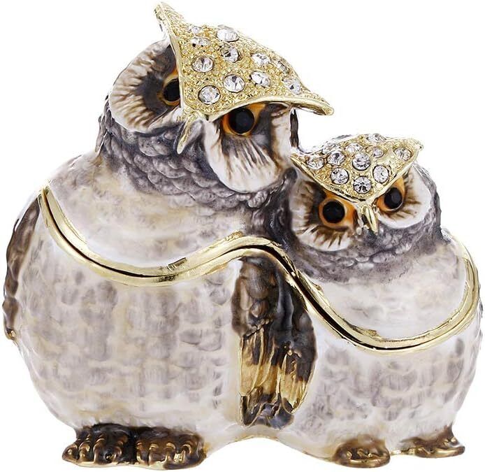 Bejeweled Enameled Animal Trinket Box/Figurine With Rhinestones-Couple Owls