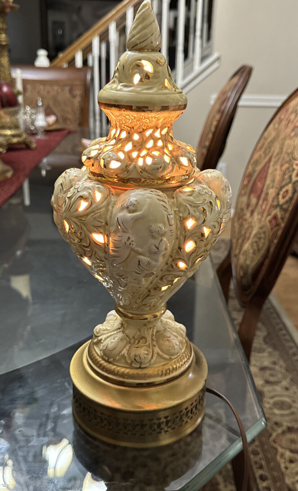 Vintage Italian Style Porcelain Gold & Ivory Urn Lamp Capodimonte 15” Tall