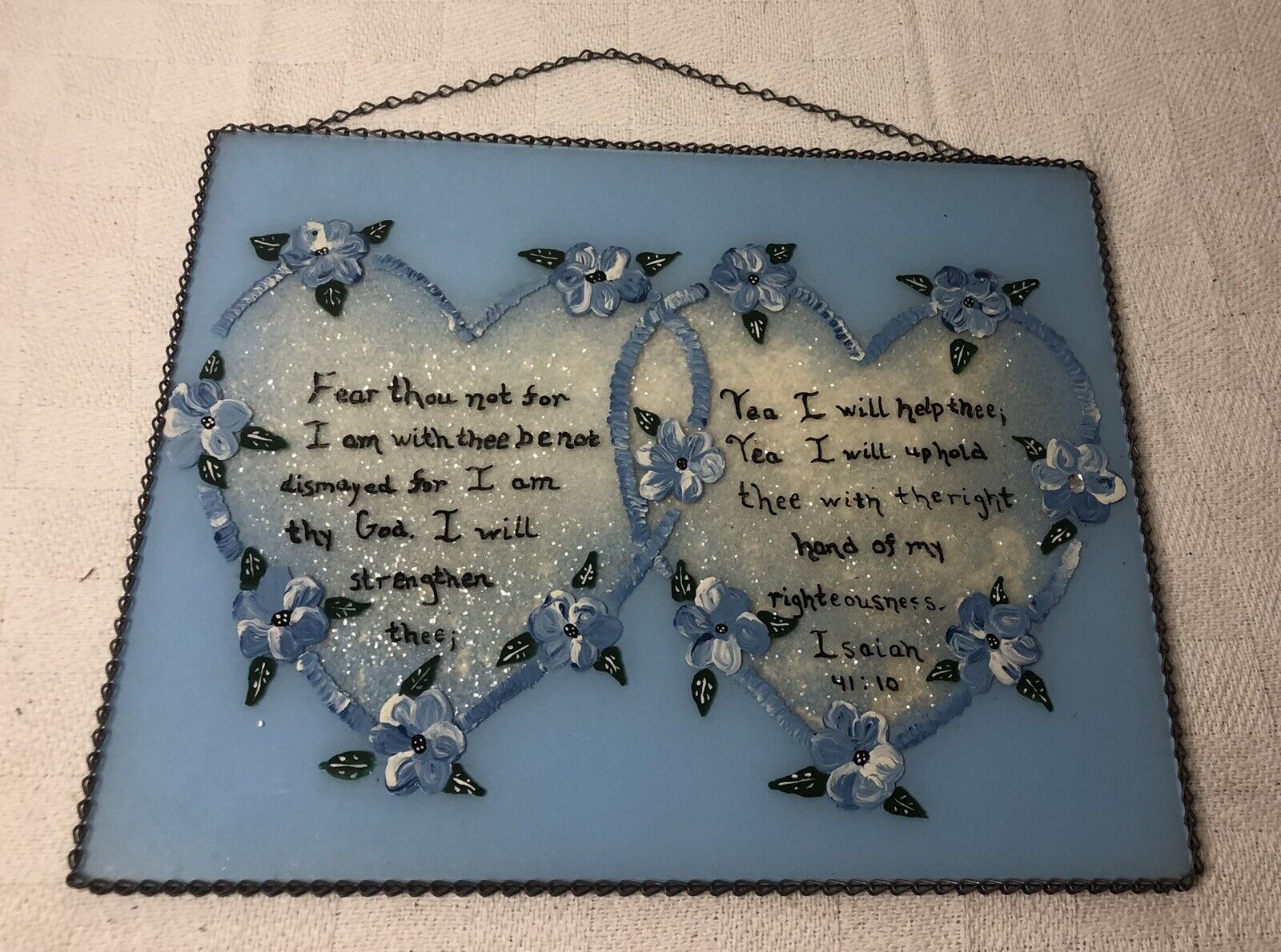 Vintage Hand Painted Glass Wall Plaque Sign Isaiah 41:10 Blue Floral Religious