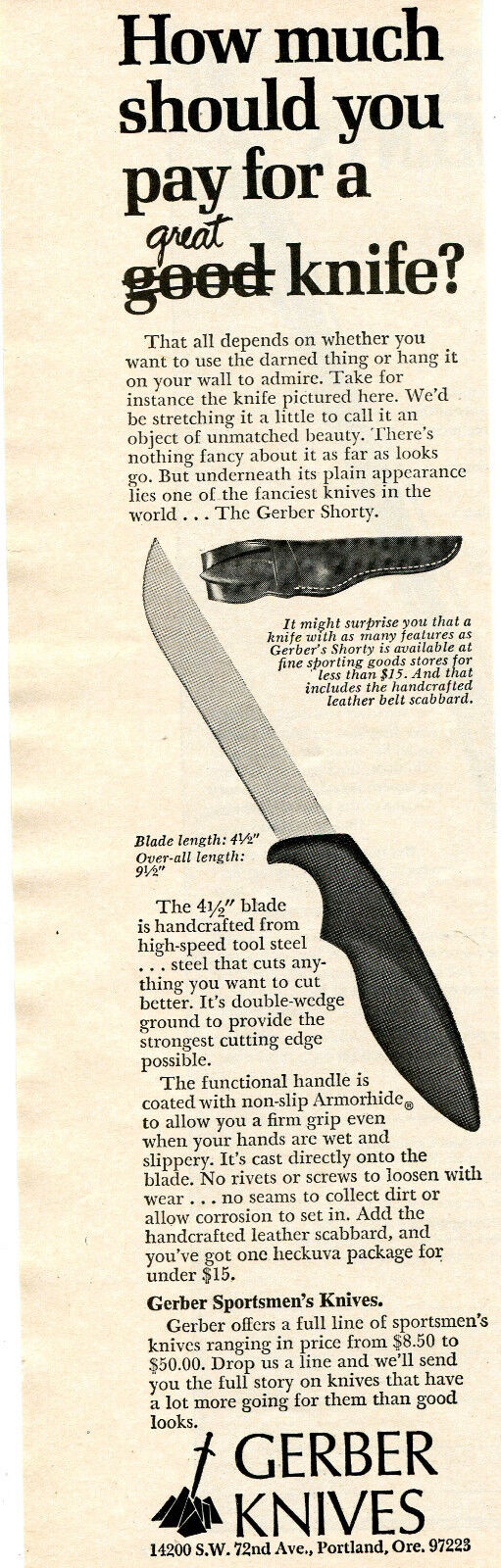 1973 small Print Ad of Gerber Shorty Knife & Scabbard