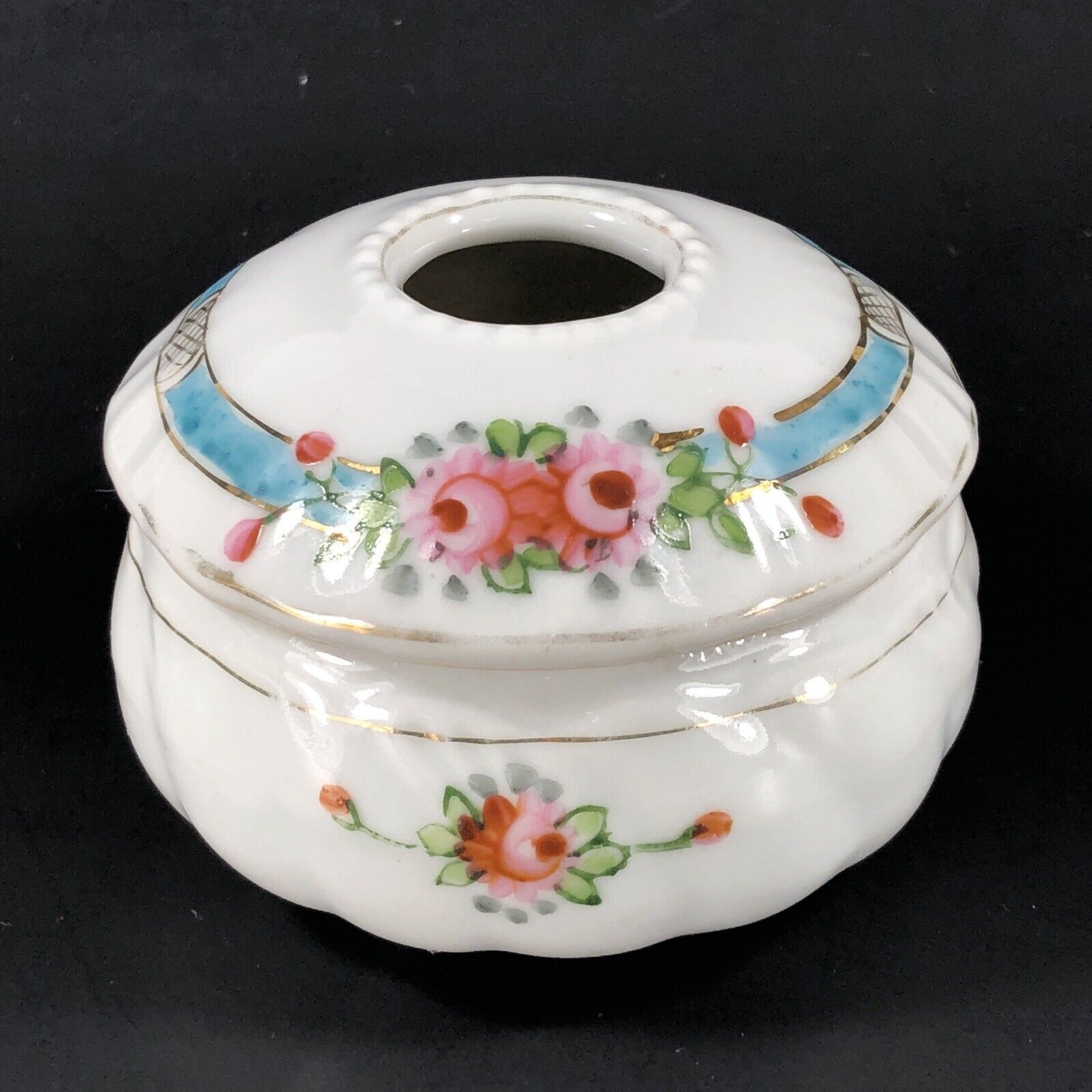 Vintage Japan Porcelain Hair Receiver Vanity Box Pink Floral Aqua Hand Painted