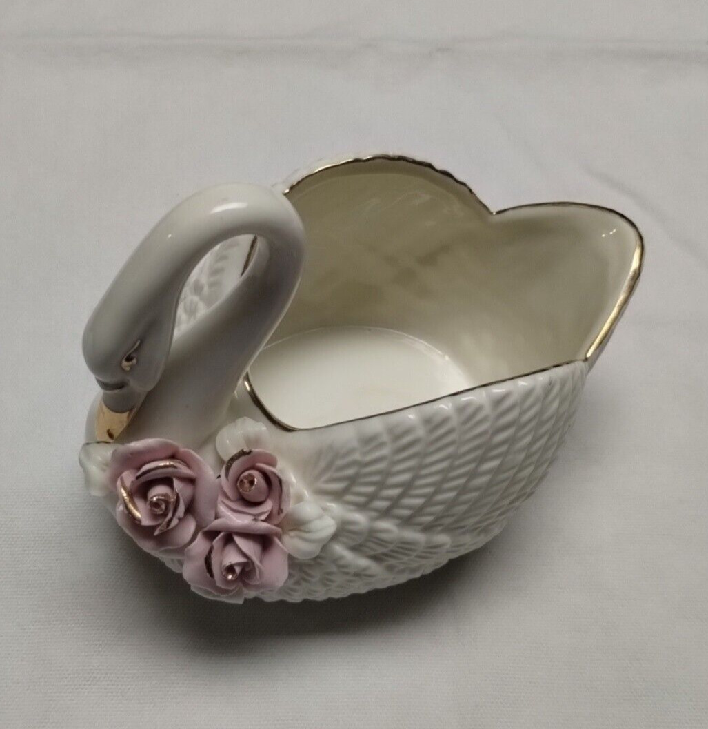Swan with Pink Roses Hand Painted Gold Trim Beautiful Tray Bird Trinket Dish