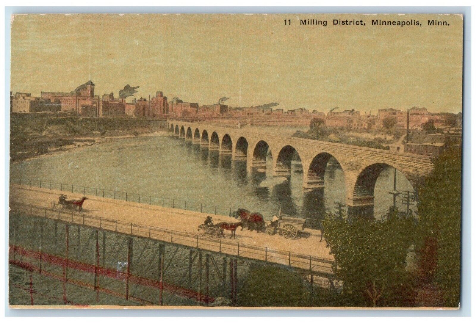 Milling District Bridge Horse Wagon Minneapolis MN Advertising Soo Line Postcard