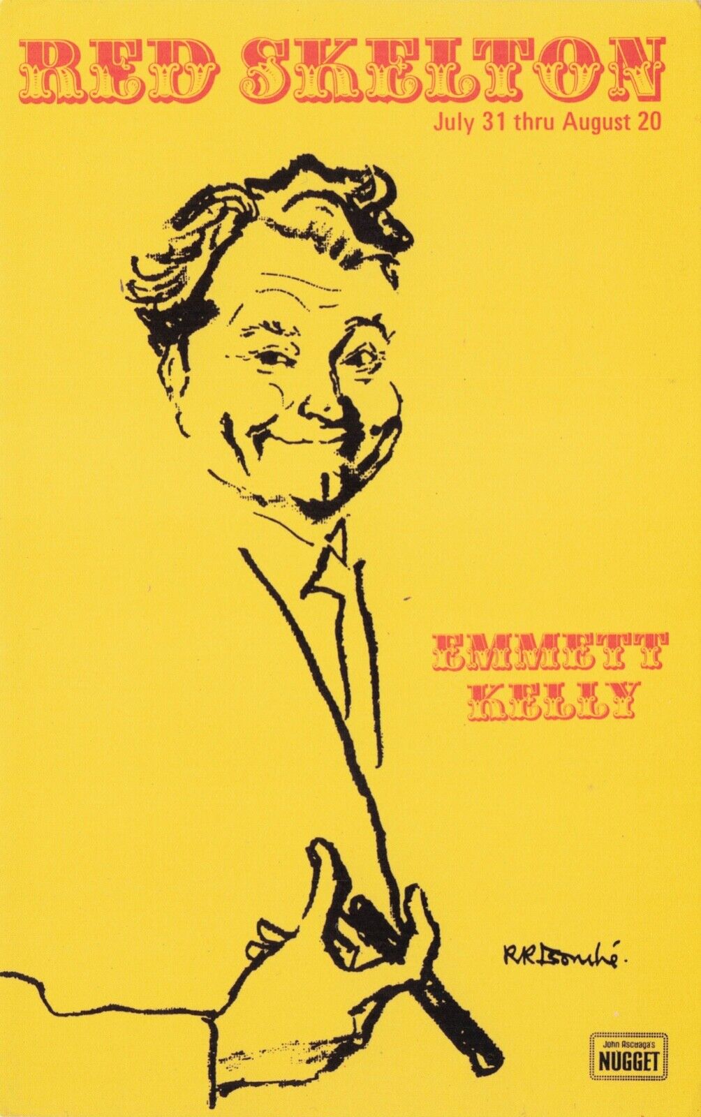Artist Signed Red Skelton Nugget Emmett Kelly Show Ad Vintage Postcard c. 1975