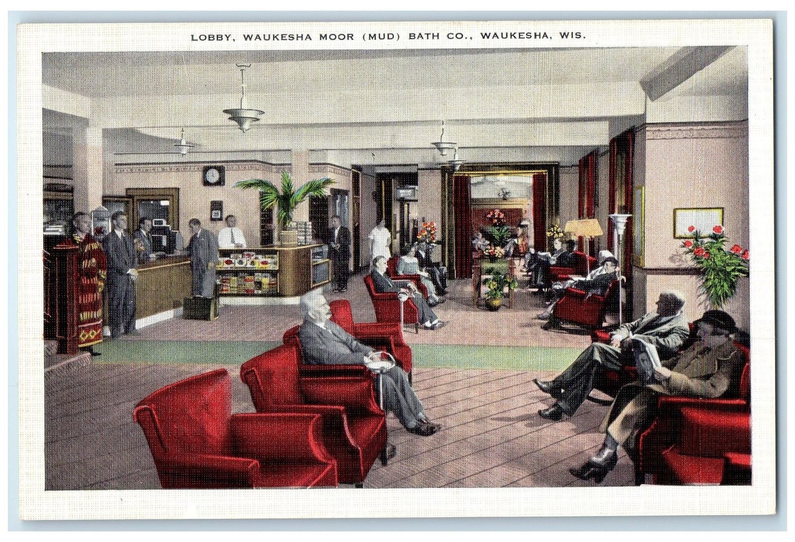 c1940\'s Lobby Waukesha Moor Mud Bath Co. Waukesha Wisconsin WI Unposted Postcard