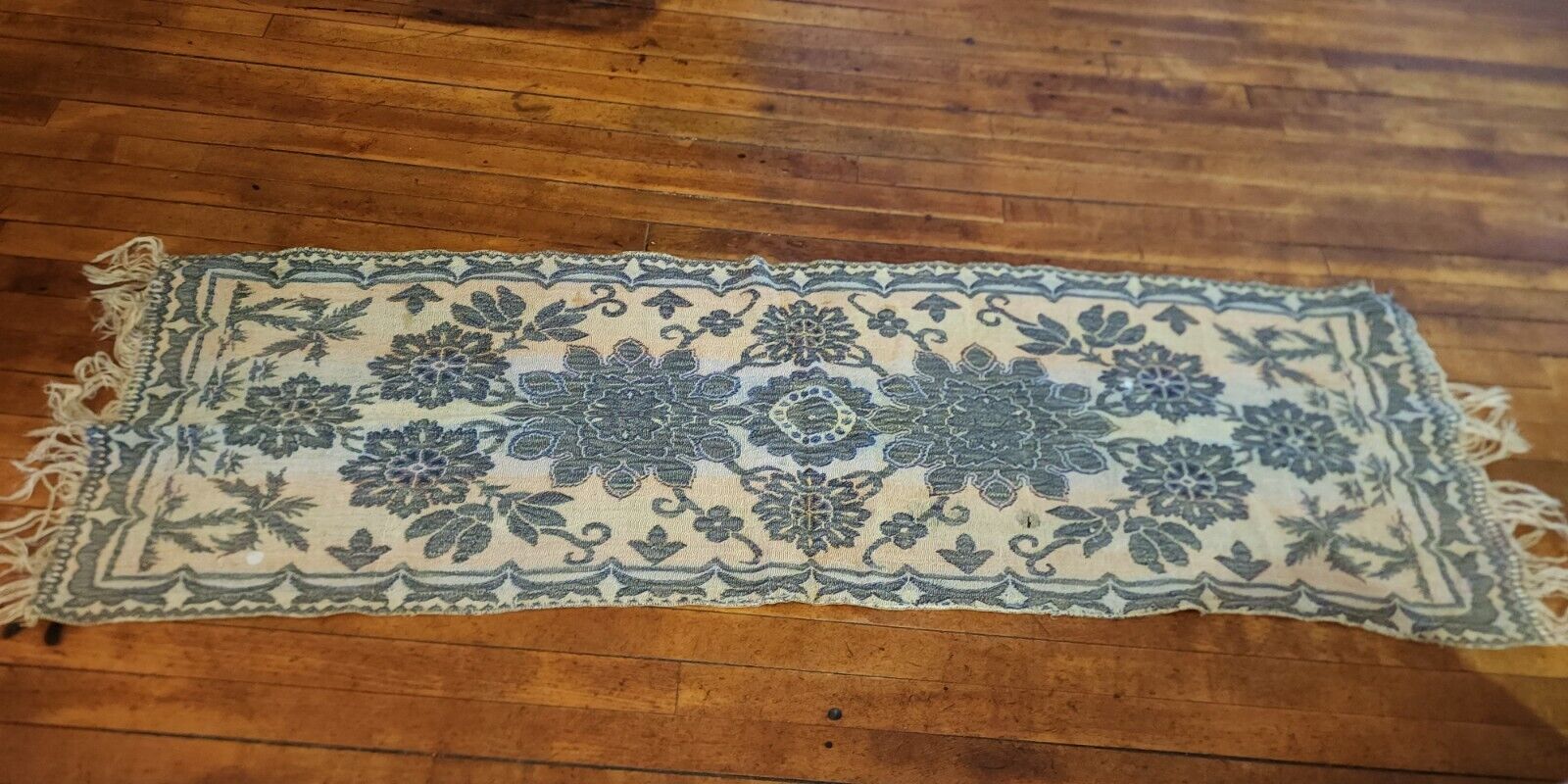 Antique Tapestry Mantle Scarf Table Runner Floral 16x48 Inch Plus Fringe FLAWS