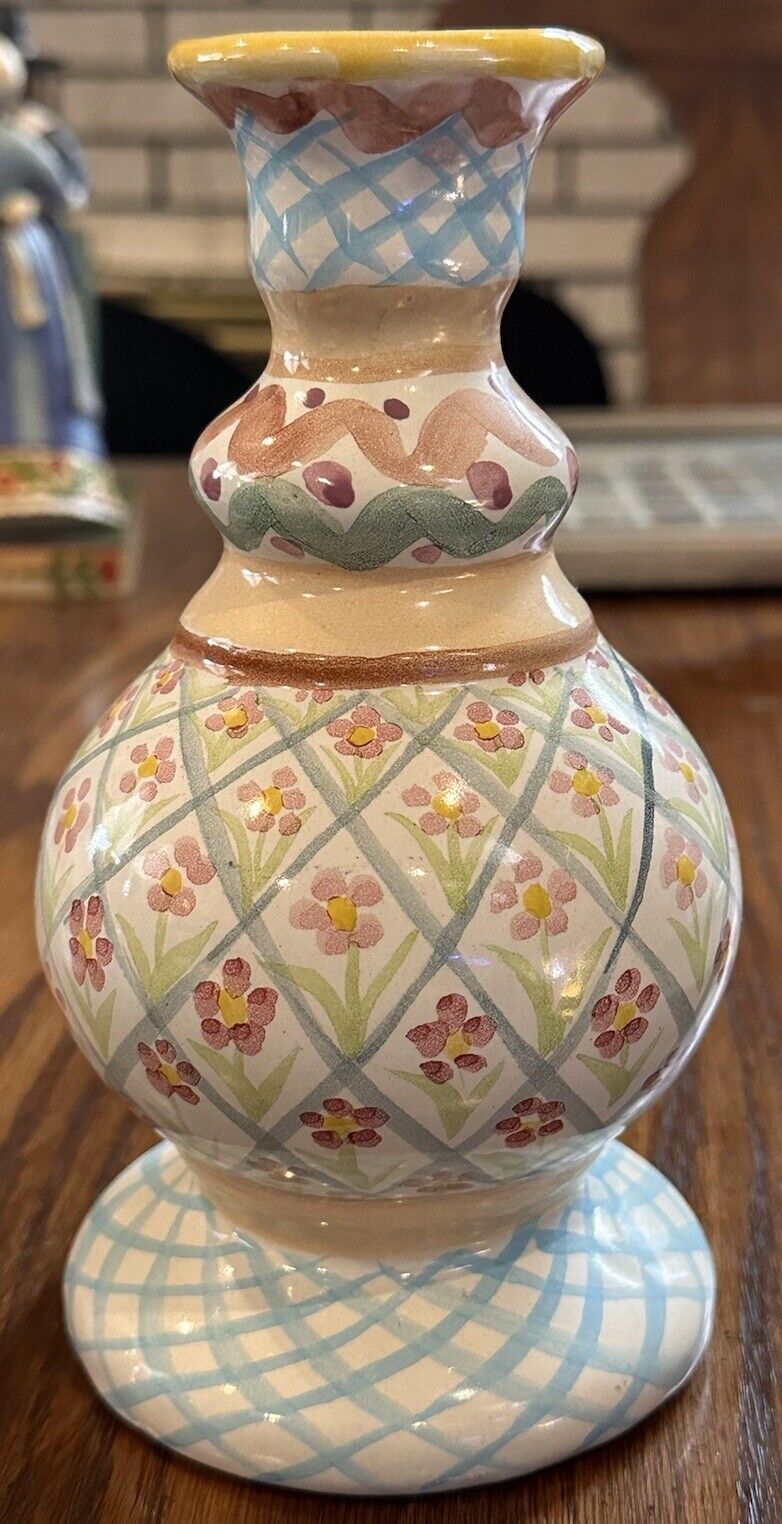 Vintage MACKENZIE-CHILDS Vase Heather Pattern Hand-Painted Pottery 7.5”