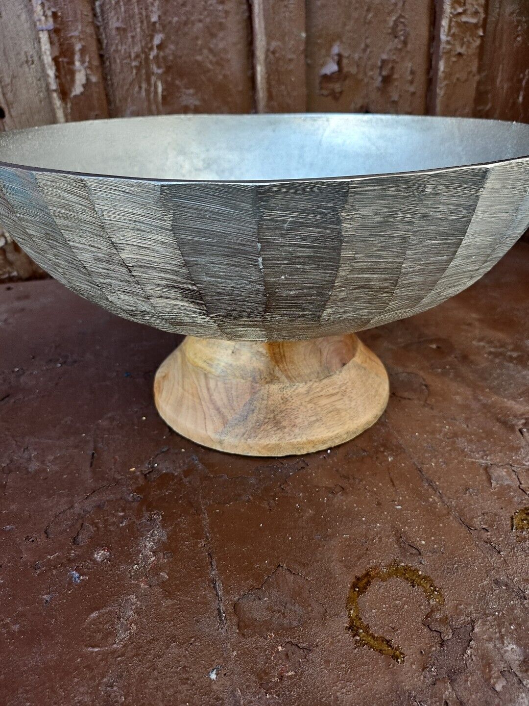 Large Teak And Metal Centerpiece Bowl Fruit Entry Contemporary  14x8\