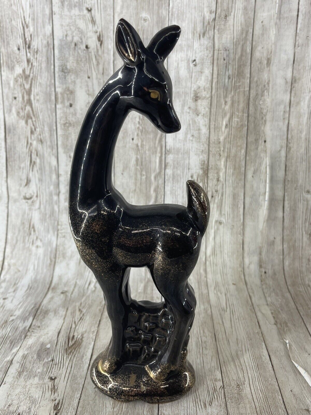 Vintage Mid Century Modern Black w/ Gold Ceramic Deer Made in Japan 10.5”