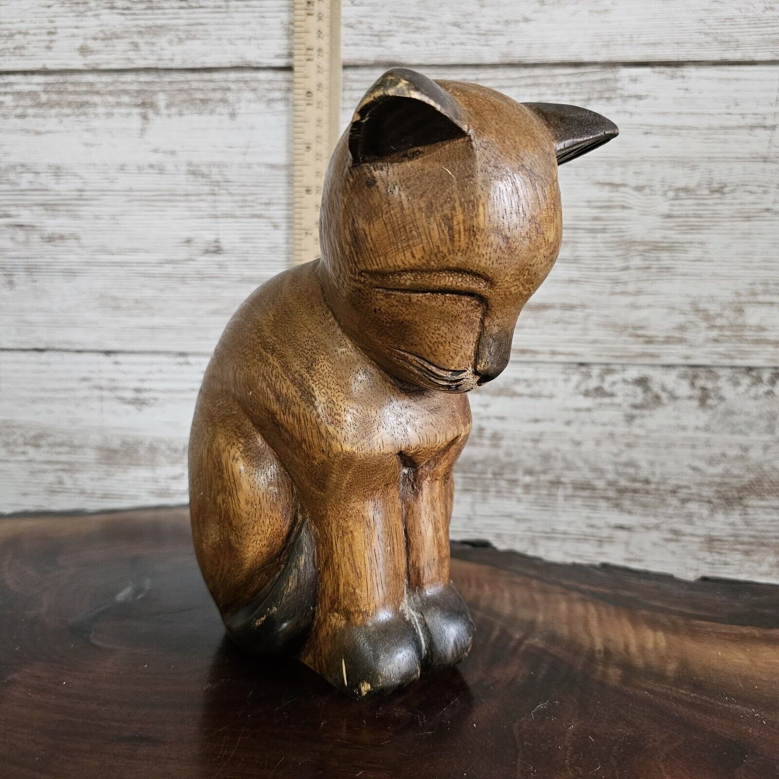 Vintage Wood Carved Sleeping Cat Figurine Animal Wooden Display Unique 8 Inches