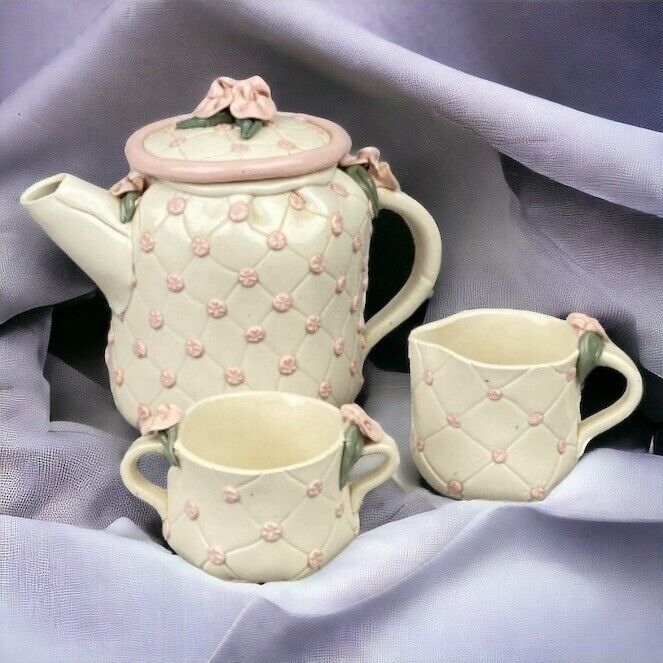 Vintage Lynn Fisher Pottery Teapot Creamer and Sugar with Pink Flowers (Signed)