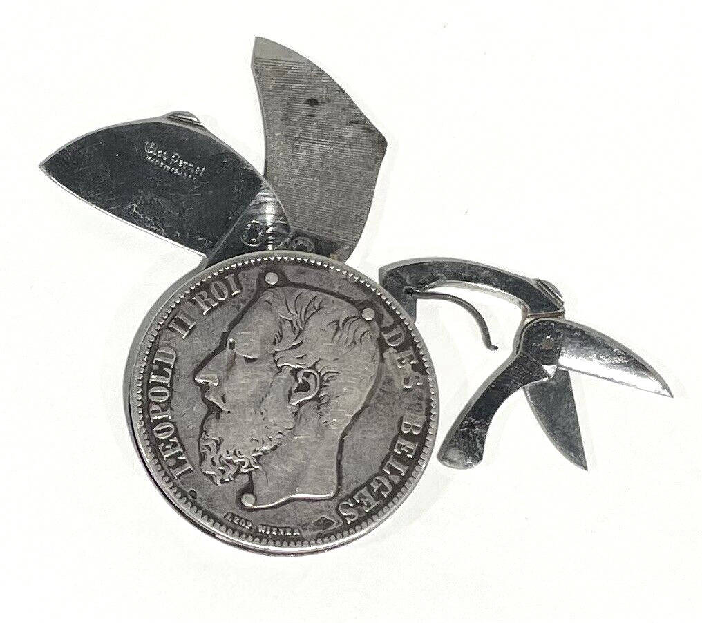 1920s Eloi Pernet Belgian Leopold II ROI 5 Franc Split Coin Knife Cigar Trimmer