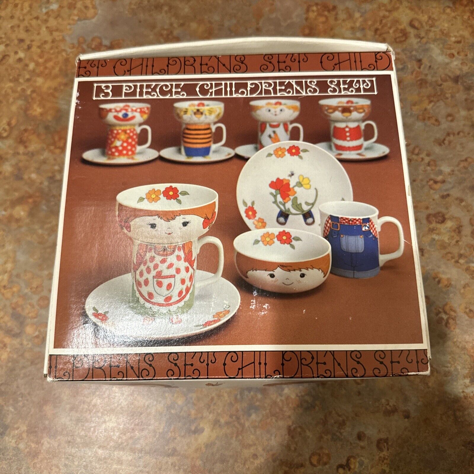 Vintage Interpur 3 Piece Stackable Children's Dish Set Boy Mug Plate Bowl NIB