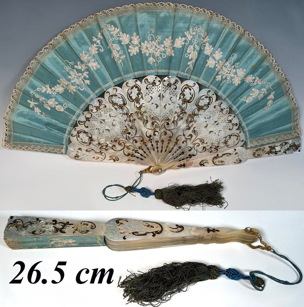 c.1850s French Hand Fan, Opulent Carved 26.4 cm Mother of Pearl Monture & Silk